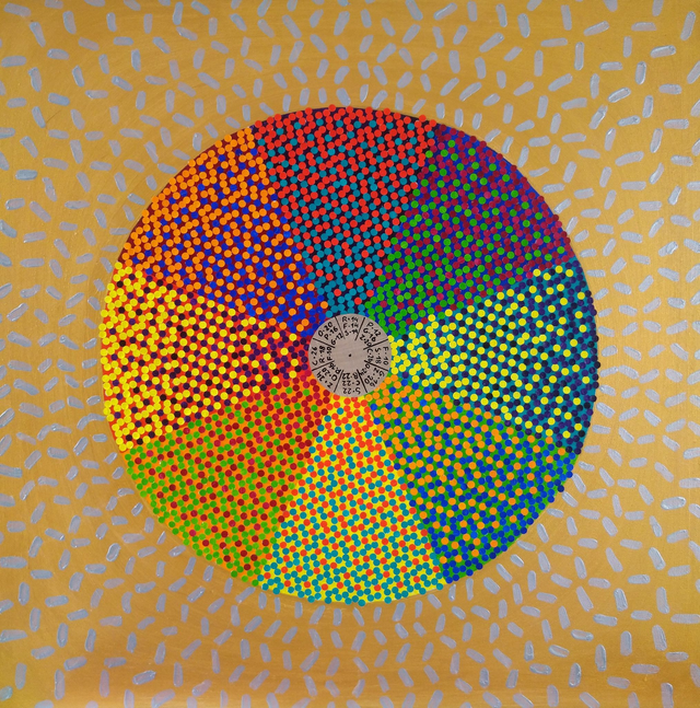 Koło barw, 80x80 akryl płótno kolaż 2019