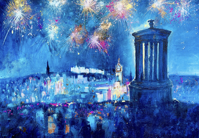 Print- Edinburgh- View of Edinburgh Castle’s Hogmanay Fireworks from Carlton Hill