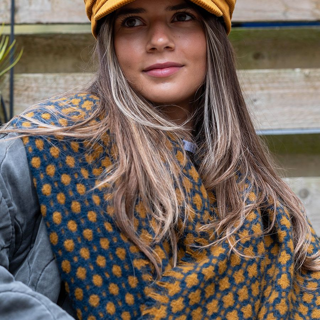 Navy and Mustard Retro Tile Weave Scarf