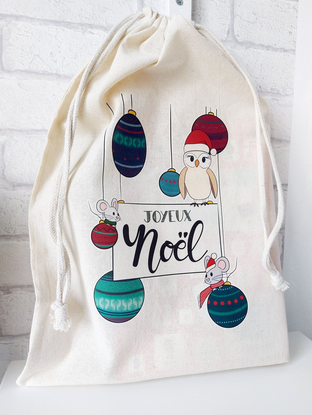 Pochon tissu illustré "Joyeux Noël" | Emballage cadeau réutilisable &amp; éco-responsable