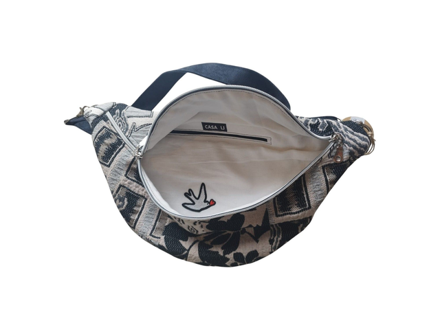 Sac banane en tissu jacquard noir gris et blanc avec bandoulière en suédine Alaska noir