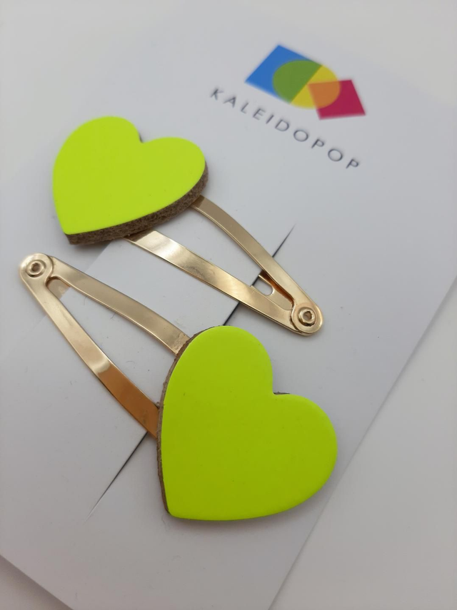 SALE! Neon leather hairclips  - yellow hearts 