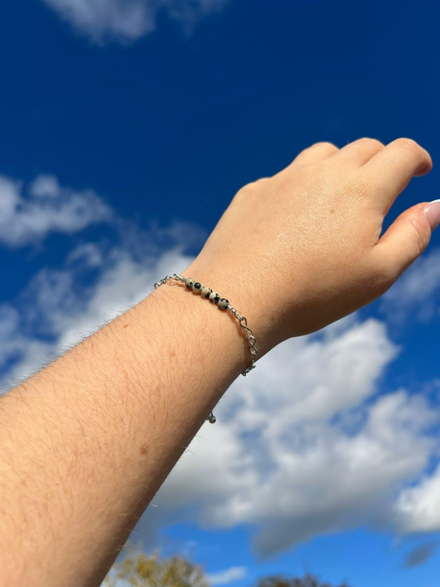 Adjustable sterling silver dalmation jasper beaded bracelet