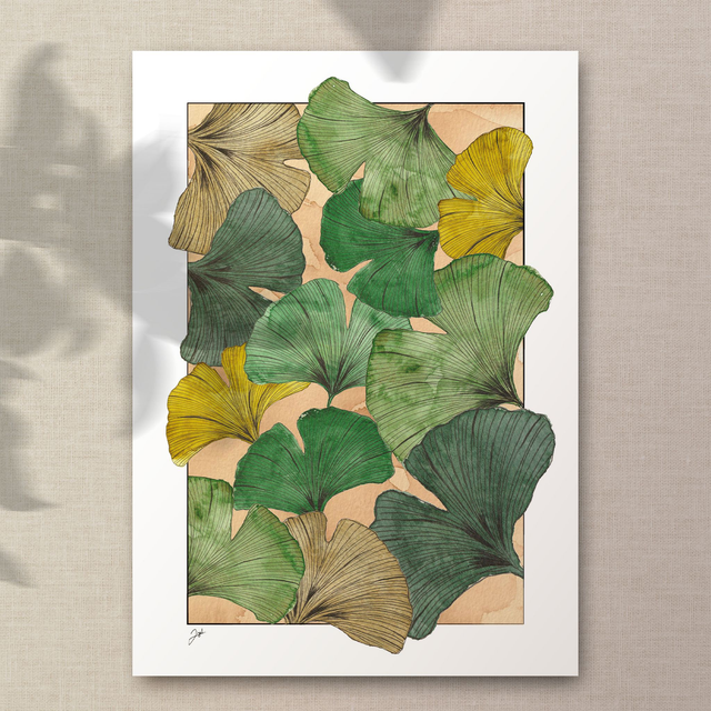 Affiche A4 - Café - Ginkgos, Vert sur Café