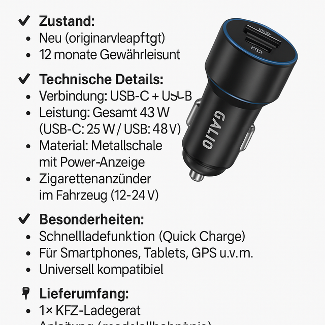 GALIO deluxe PD + USB-A Car Charger – Schnell KFZ-Ladegerät (43 W)