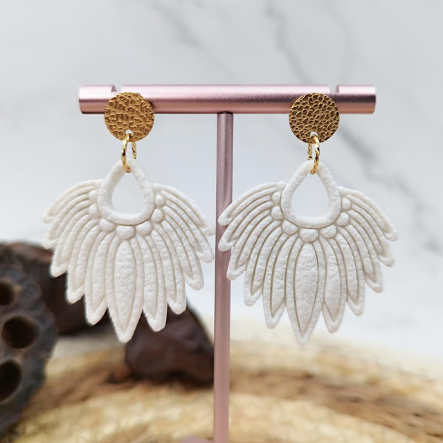 Boucles d'oreilles Feuille Texturée "Palma" Blanc