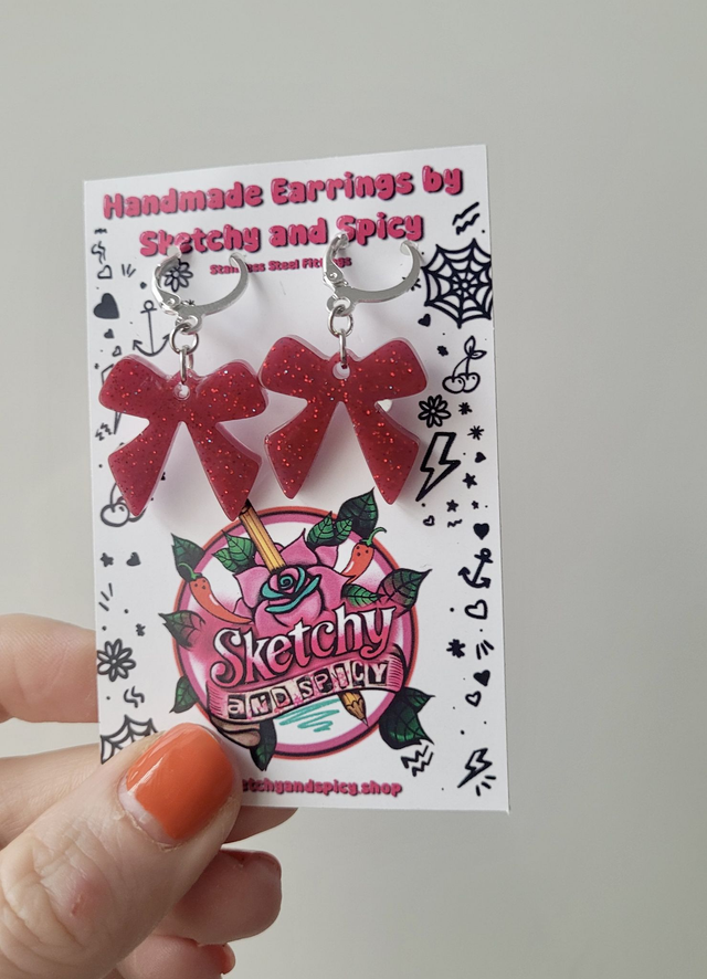 Earrings | Red Glitter Bow Earrings | Stainless Steel Hoops