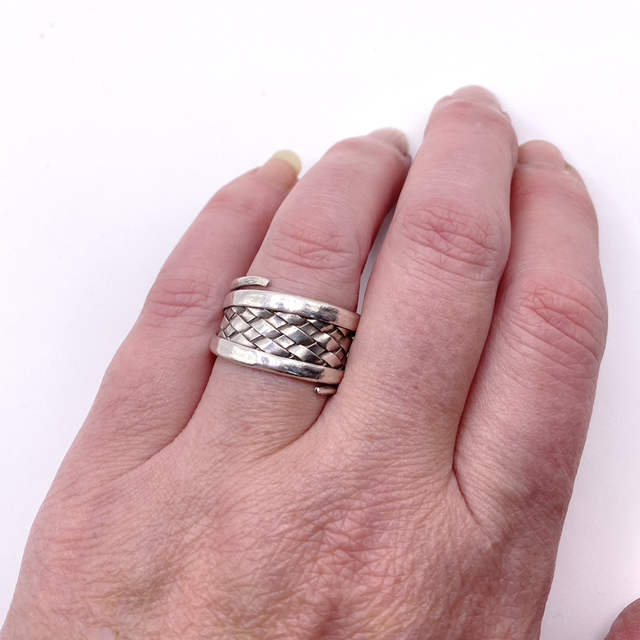 Statement Weave Effect Wide Band Ring in Silver Size P (Approx)