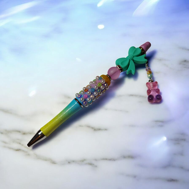 Stylo perles violet jaune vert