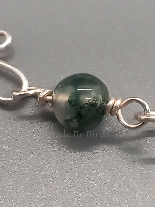 Moss Agate Bead & Sterling Silver Wire Scroll Style Weave Bracelet
