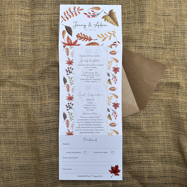 Autumn leaves - concertina Wedding invitations - including guest information &amp; RSVP