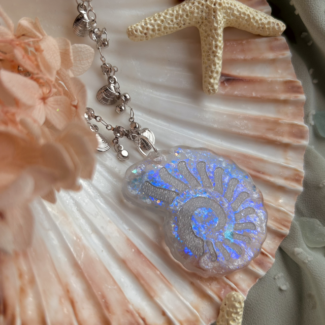 Blue/Purple and Silver Nautilus Shell Statement Necklace with Shell and Cubic Zirconia Chain