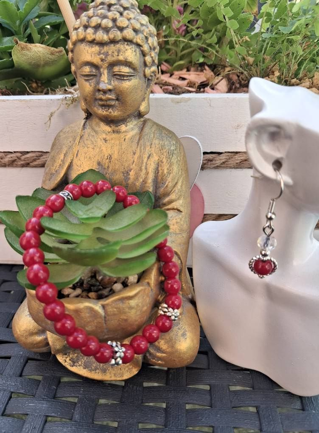 Bracelet Agate rouge + boucles d'oreilles 