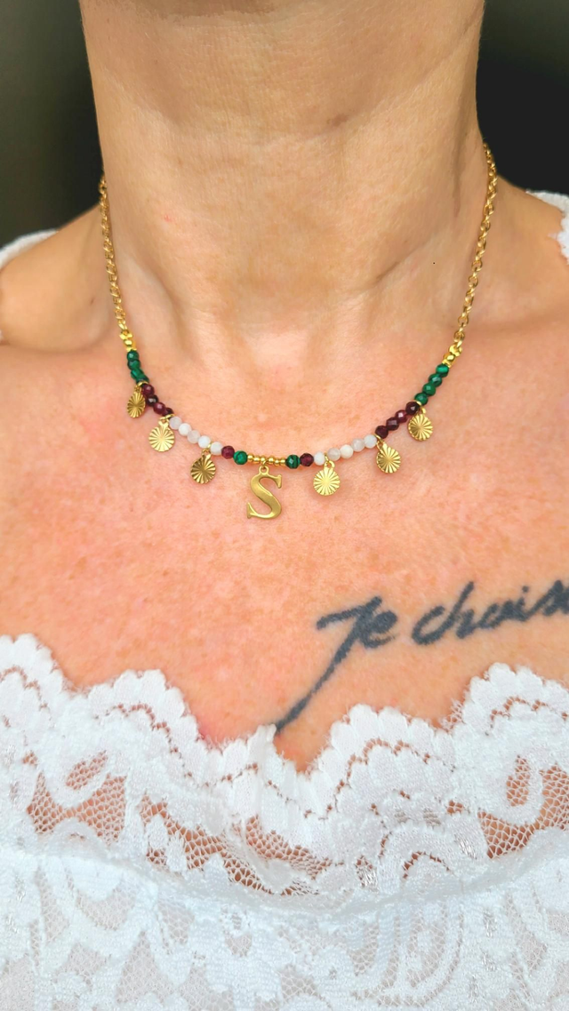 Collier Malachite, Grenat & Pierre de Lune – Force & Clarté - Personnalisable