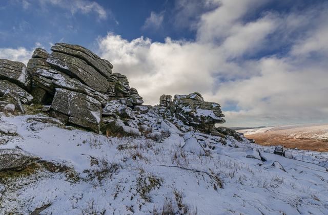 Snowy morning at Longaford Tor, Dartmoor, Devon. A6 photographic greeting card. Blank inside for your own message.