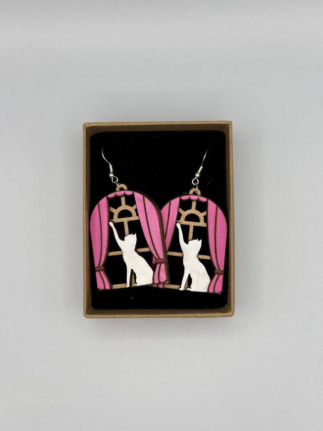 Boucle d'oreilles Chat Rideaux rose 