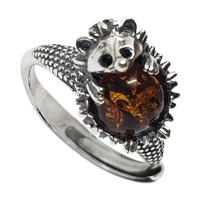 Bague "Hérisson" en Argent et Ambre Cognac