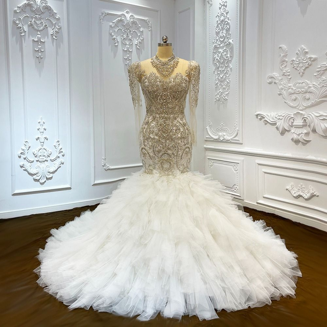 Robe de Mariée Sirène Doré Col Bijou Full Strass / Réf : RMS62