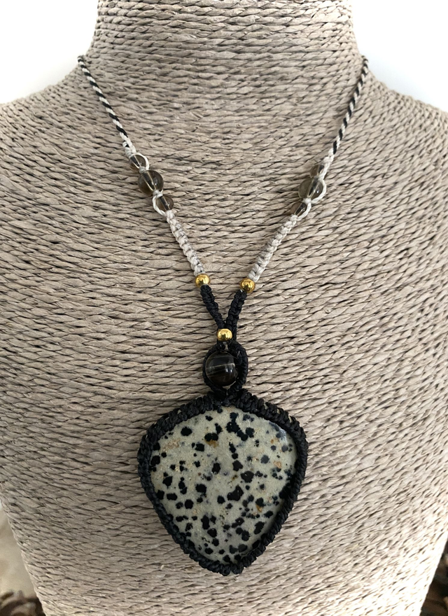 Collier sautoir Jaspe Dalmatien et Quartz Fumé