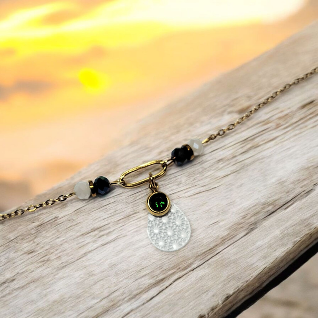 Bracelet acier inoxydable et strass vert foncé et blanc