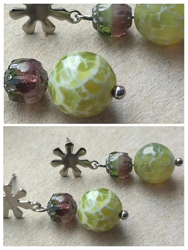Boucles d'oreilles jade et verre,clou fleur en acier inoxydable argenté, pièce unique, sans nickel 