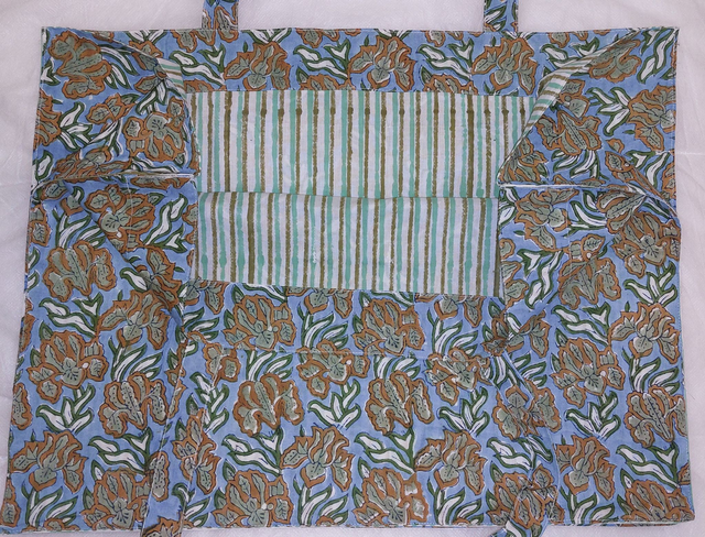 Grand sac cabas bleu clair et vert en coton imprimé à la main au block print - Doublure en coton rayé - Tote bag - Confectionné en Inde