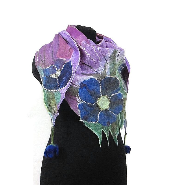 Scialle lana merino seta Scialle feltro fiori di lana fatto a mano bactus infeltrimento lilla donna Regalo unico per le donne