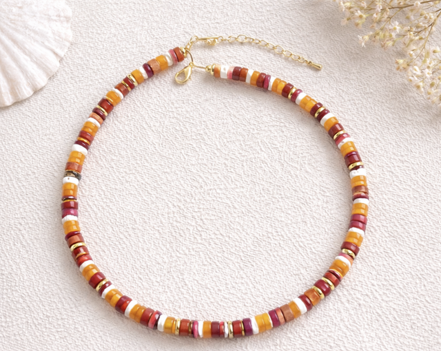 Collier ras du cou en Jaspe rouge, ambre & plaqué or