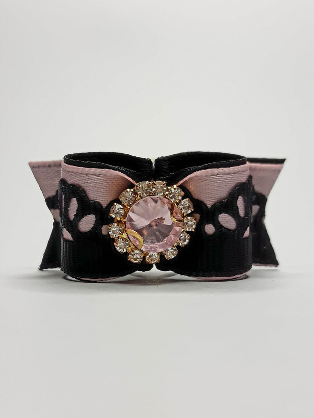 Noeud pour chien fantaisie-rose et noir-dentelle-strass