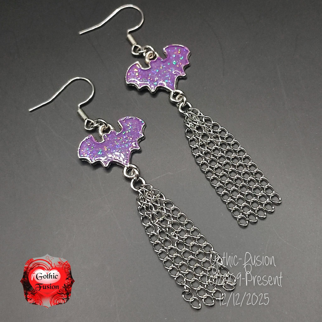 Purple Glittery Bat Earrings 
