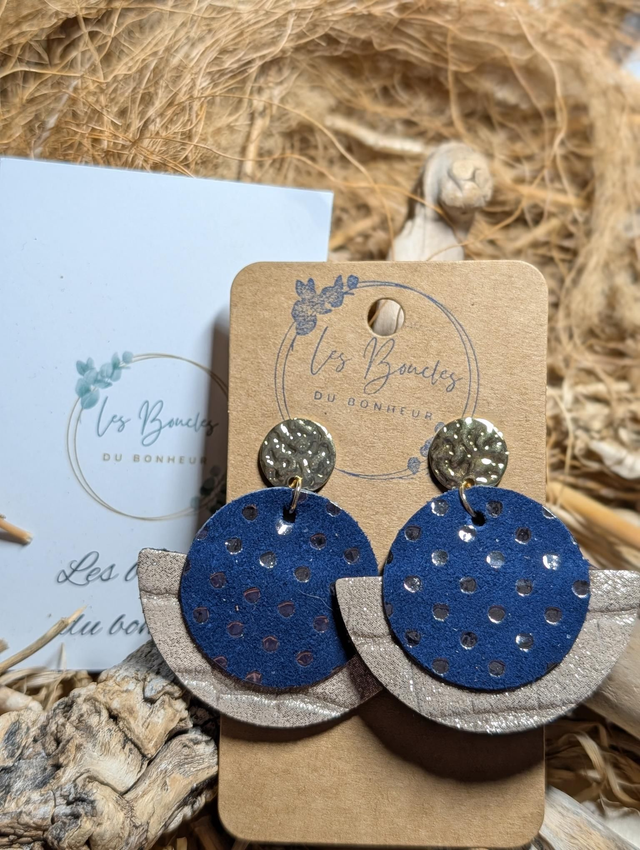 Boucles d'oreilles Dona beige doré marine à pois do132