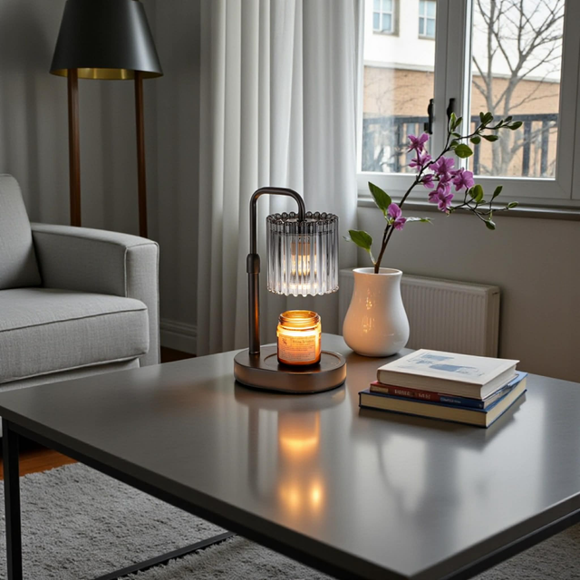 ‘Ribbed’ Grey/Clear Glass and Black Electric Candle Warmer