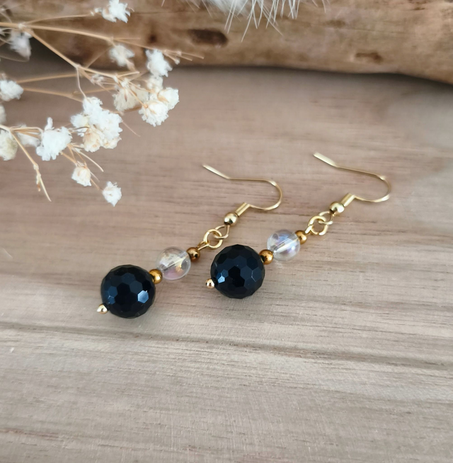 A Boucles d'oreilles "Boules" Obsidienne facettée
