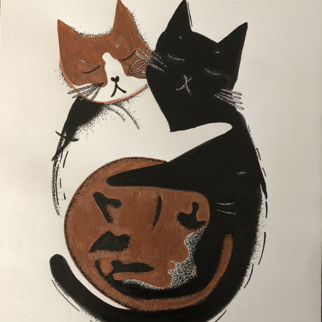 Chats en duo enlacés - 21 x 27 cm - encadrement noir &amp; bois 