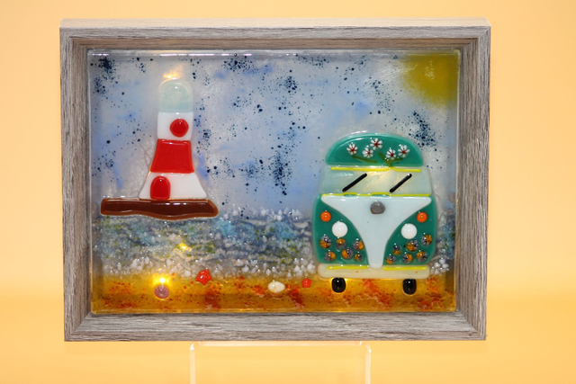 Camper Van &amp; Lighthouse Framed Fused Glass Night Light