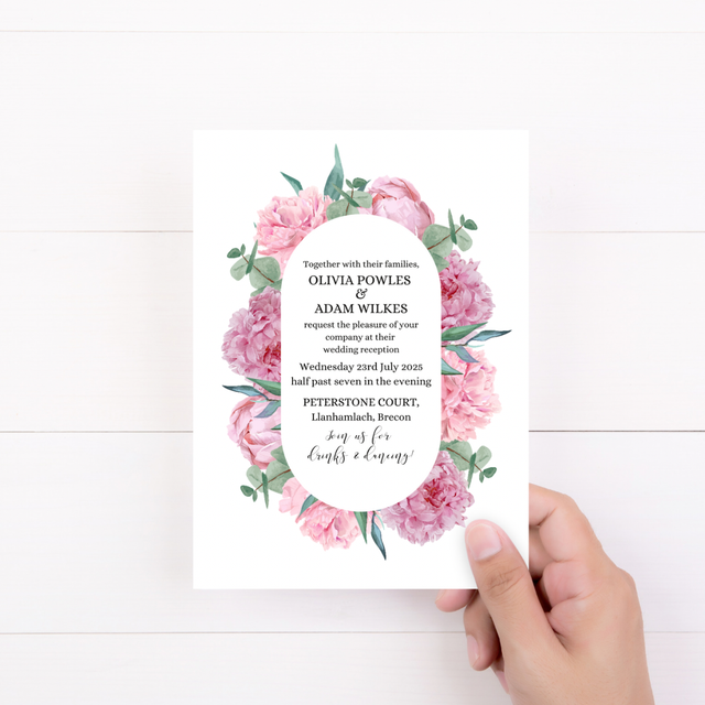 Penny - blush pink peonies design A6 evening invitations