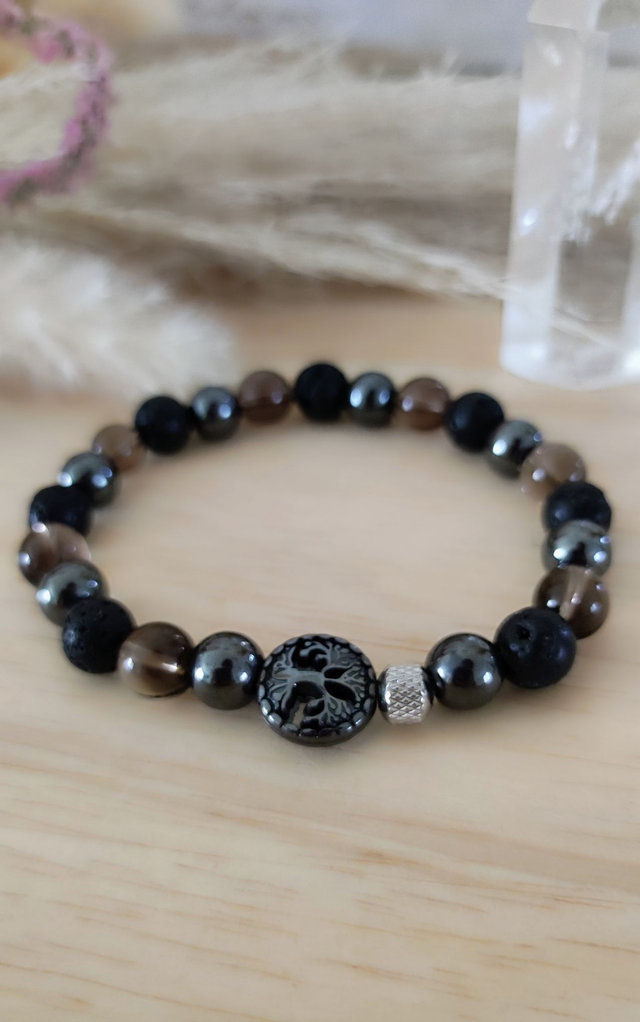 Bracelet Arbre de vie Quartz fumé, Hématite et Pierre de lave