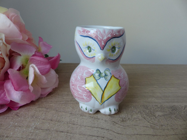 Petit vase monsieur hibou en poterie Ateliers A. Baratta à Moustiers France, Vase miniature hibou oiseau peint main, collection hibou cadeau