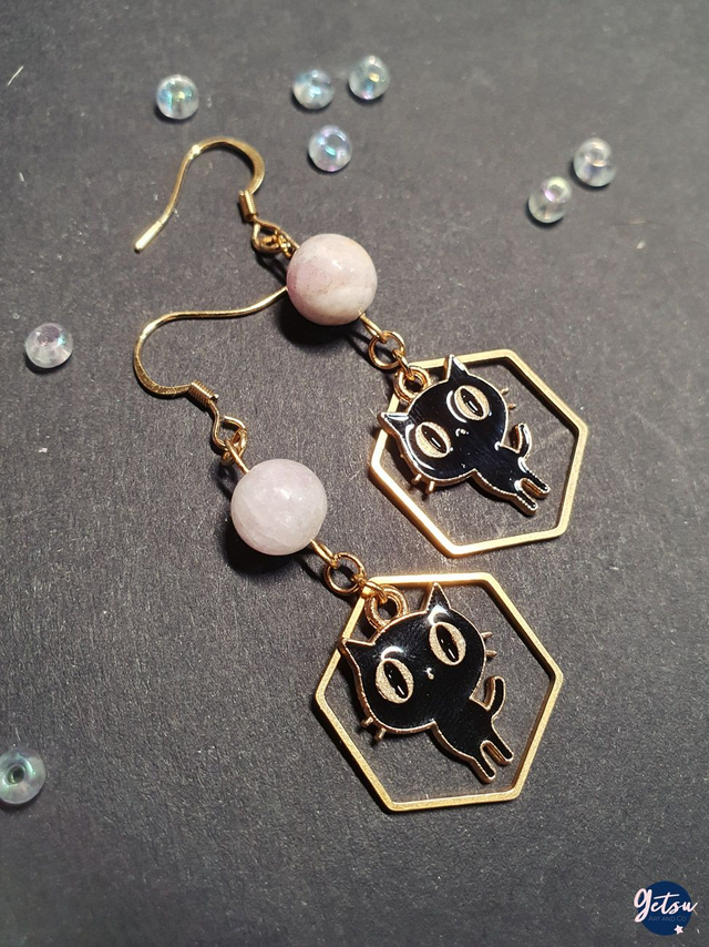 Boucles d&#039;oreilles chat noir et kunzite