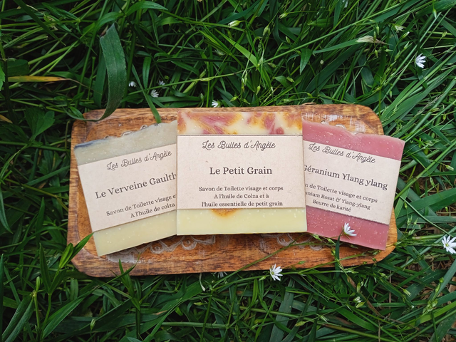 Sélection du savonnier N°1- Le Petit Grain- Le verveine gaulthérie- Le Géranium Ylang ylang- Lot de 3 savons 