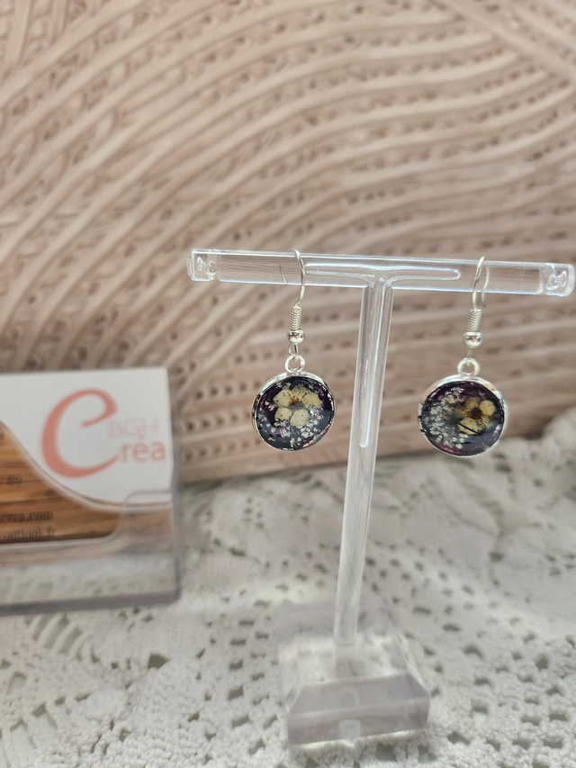 Boucles d'oreilles fleurs fond bleue et argent
