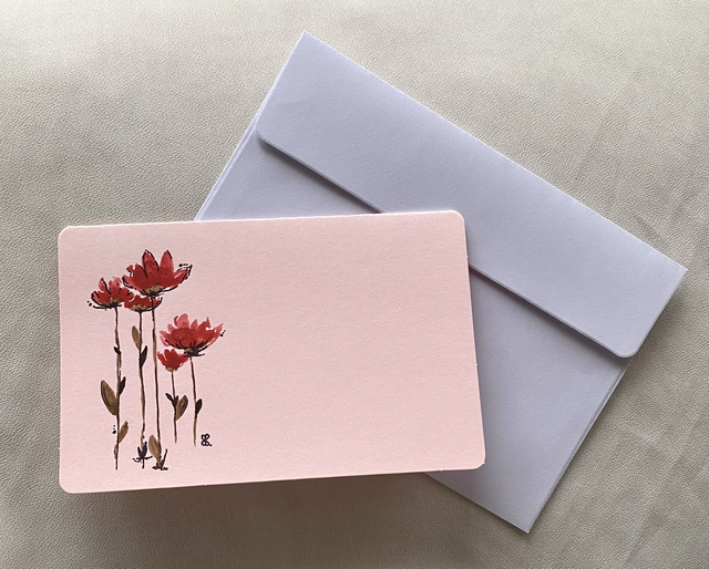 Doppelkarte abgerundet - Blumengruss auf rosa