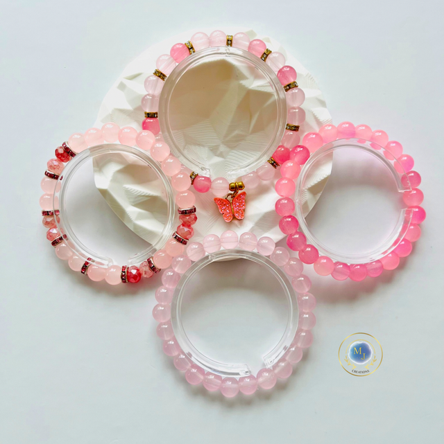 Handgemaakte Roze Armbanden Set met Glaskralen & Vlinderbedel