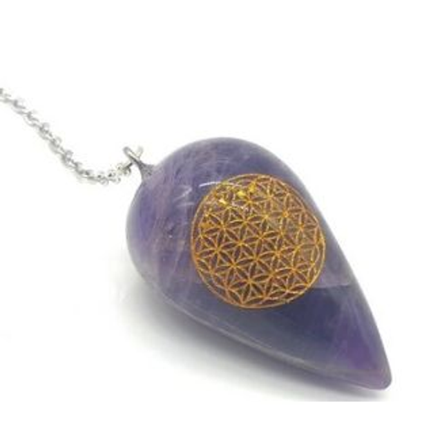 Pendule améthyste gravé fleur de vie 