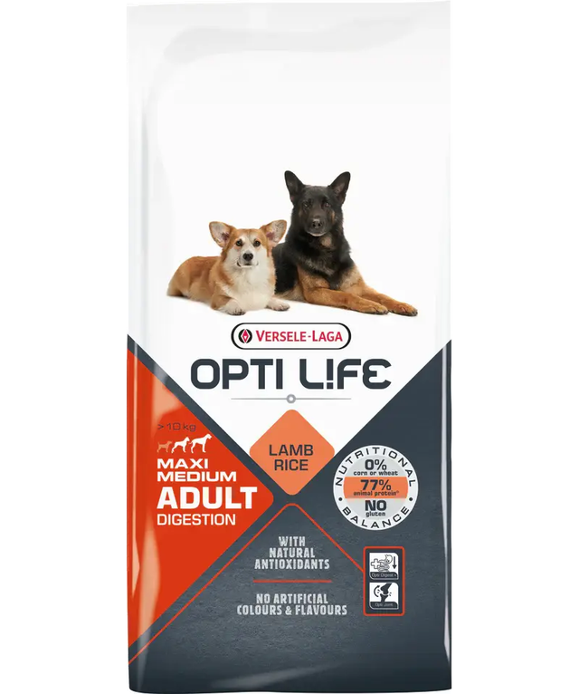 Opti Life Adult Digestion Medium & Maxi su ėriena ir ryžiais 12,5kg