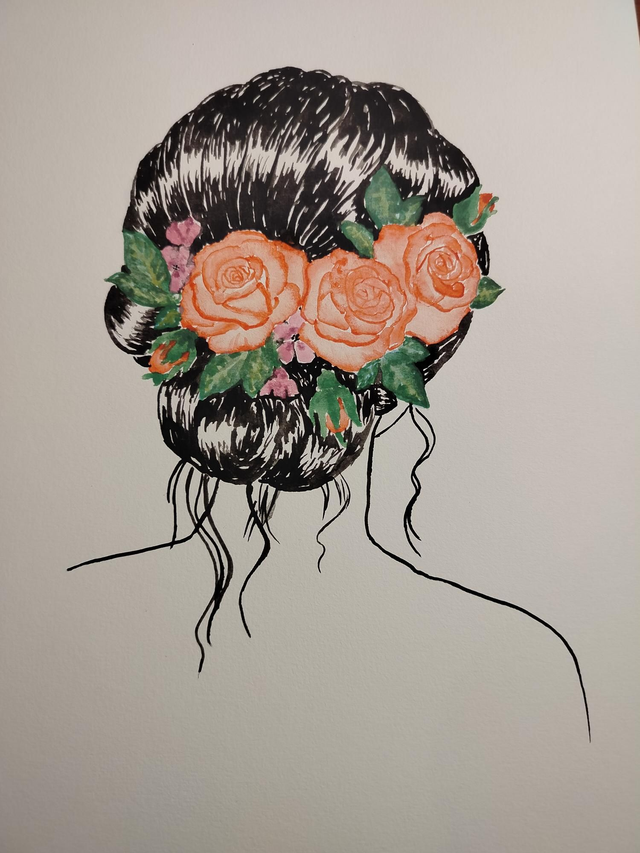 Aquarelle originale fait main chignon en fleurs 