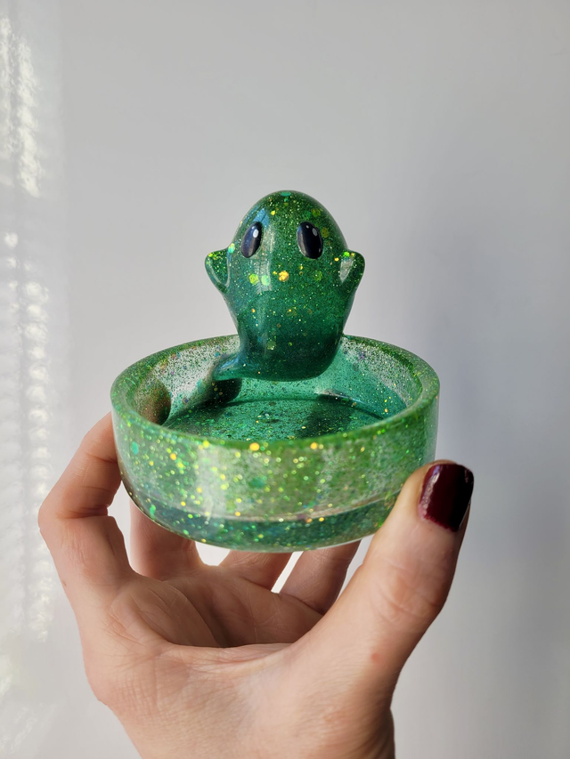 Ghost Trinket Tray Pot – Green &amp; Gold Glitter - or Tealight Holder