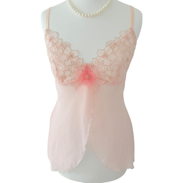 Japanese brand coquette light pink embroidered babydoll with floral appliqué cami 