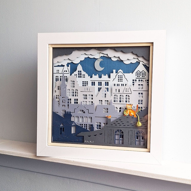 Quadretto 3D "Gatto e pettirosso"