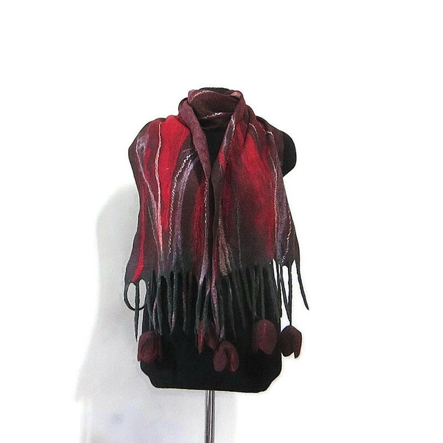 Sciarpa rosso feltro lana merino seta infeltrita fiori tulipani Sciarpa lunga calda donna fatto a mano regali unici per le donne